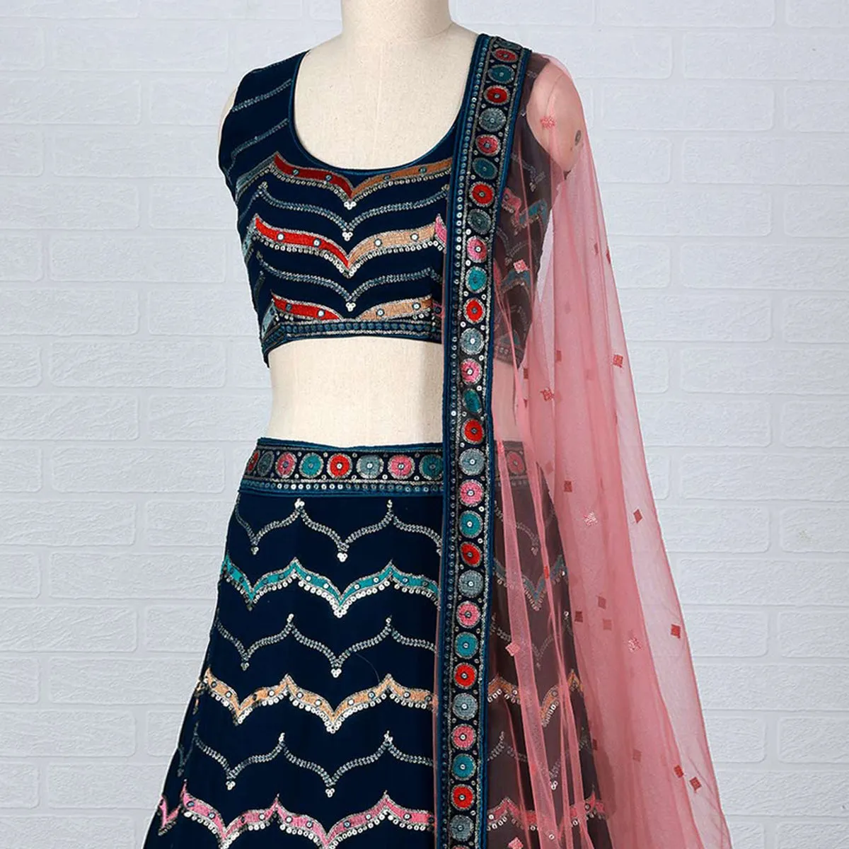Dark Blue Sequins Embroidered Georgette Lehenga Choli