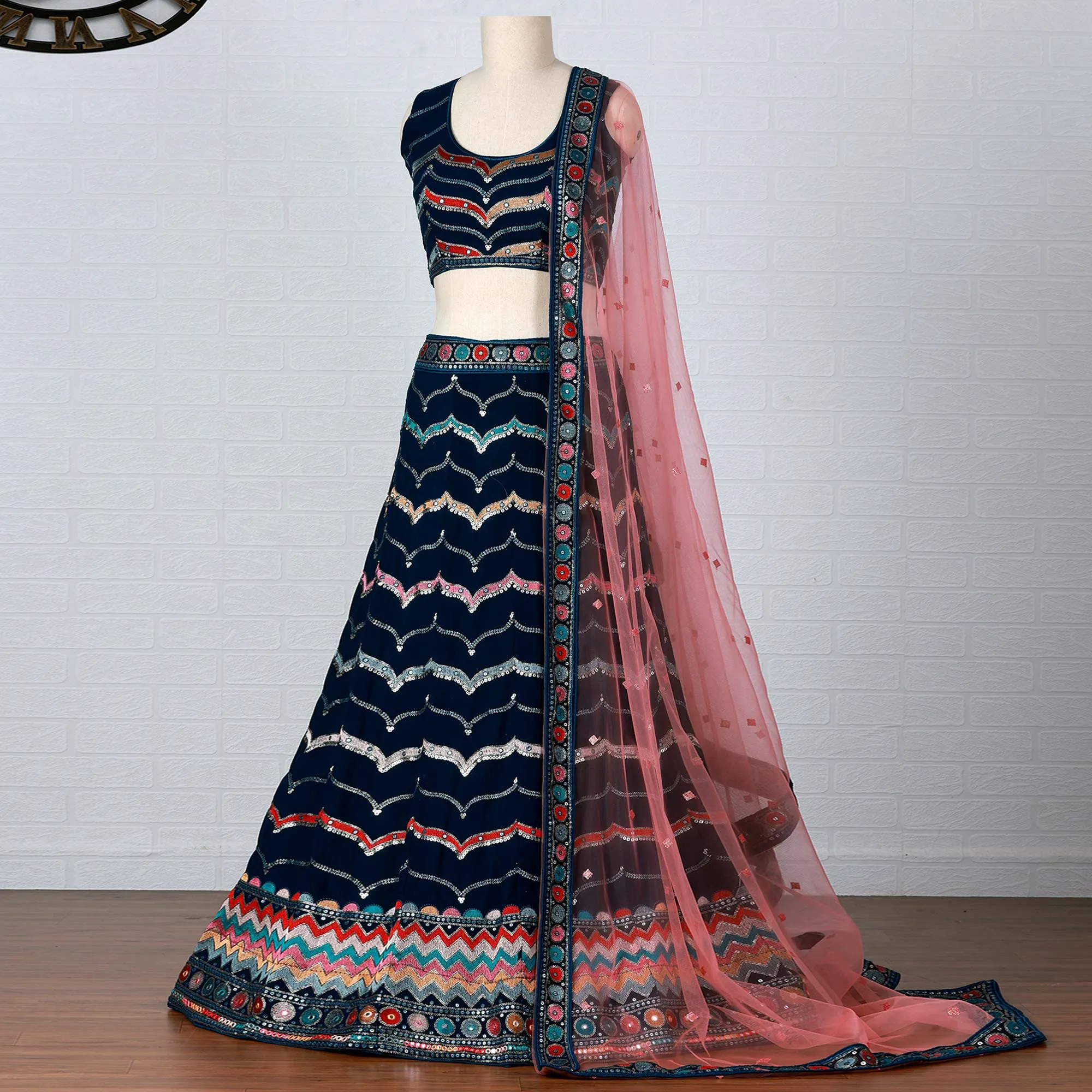 Dark Blue Sequins Embroidered Georgette Lehenga Choli