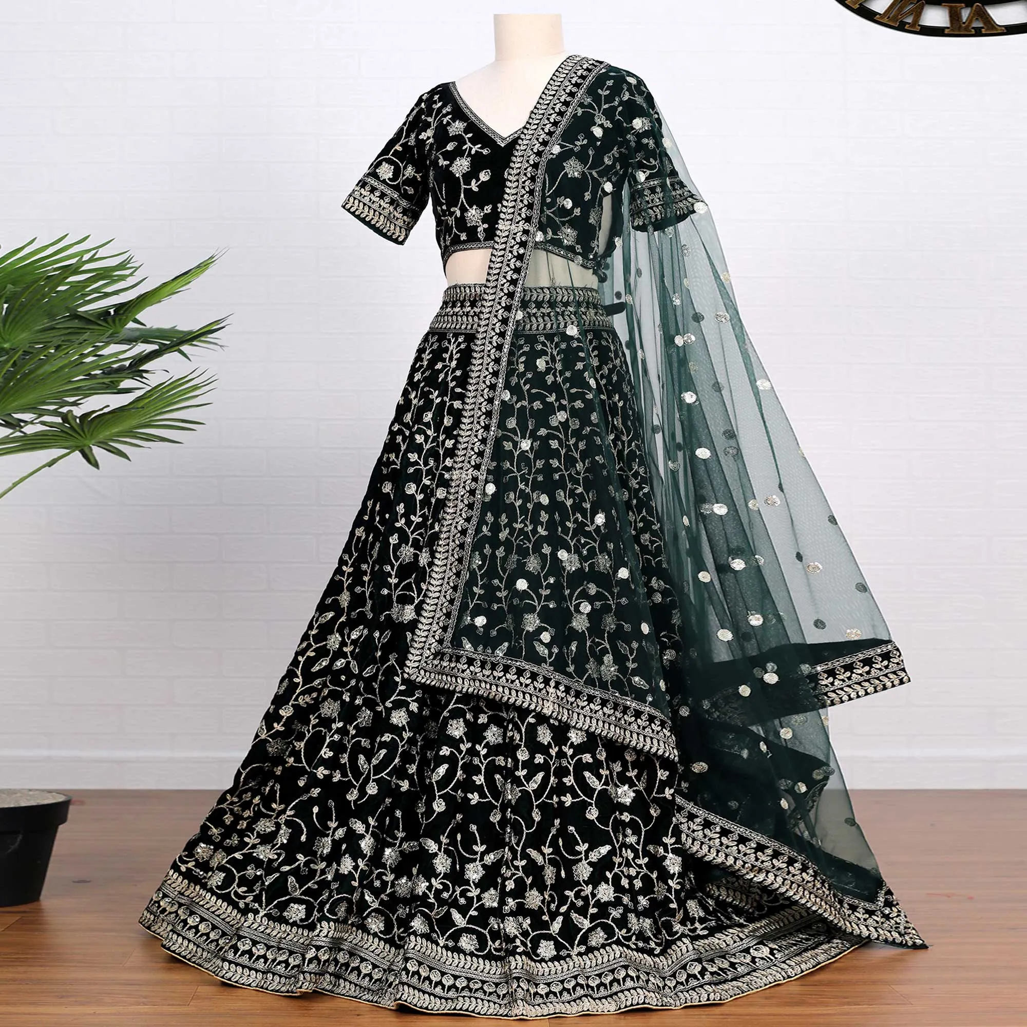 Dark Green Sequins Embroidered Velvet Lehenga Choli