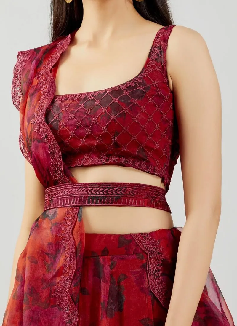 Dark Red color Organza Lehenga Choli with Digital print and Embroidery work