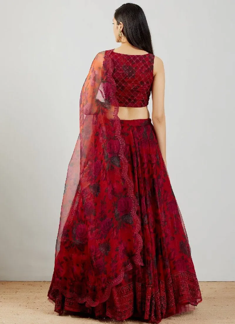 Dark Red color Organza Lehenga Choli with Digital print and Embroidery work