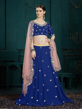 Designer Dark Blue Sequins Semi Stitched Lehenga With Unstitched Blouse