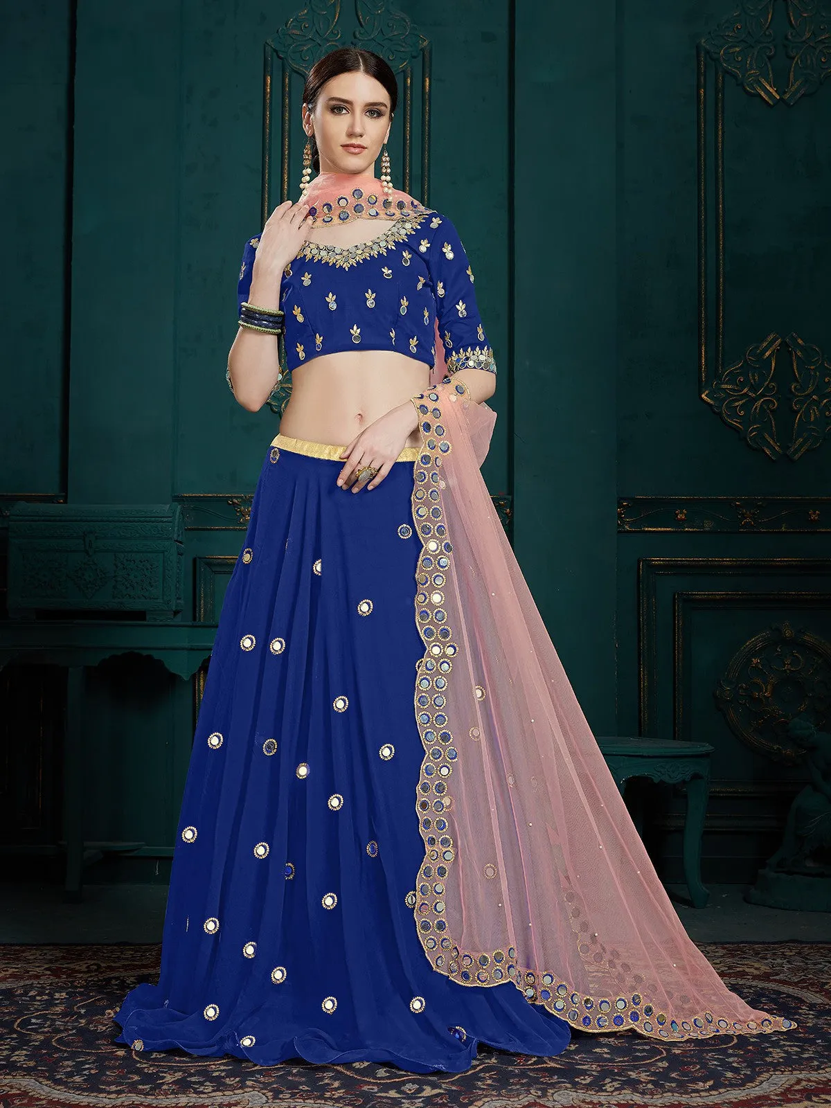 Designer Dark Blue Sequins Semi Stitched Lehenga With Unstitched Blouse