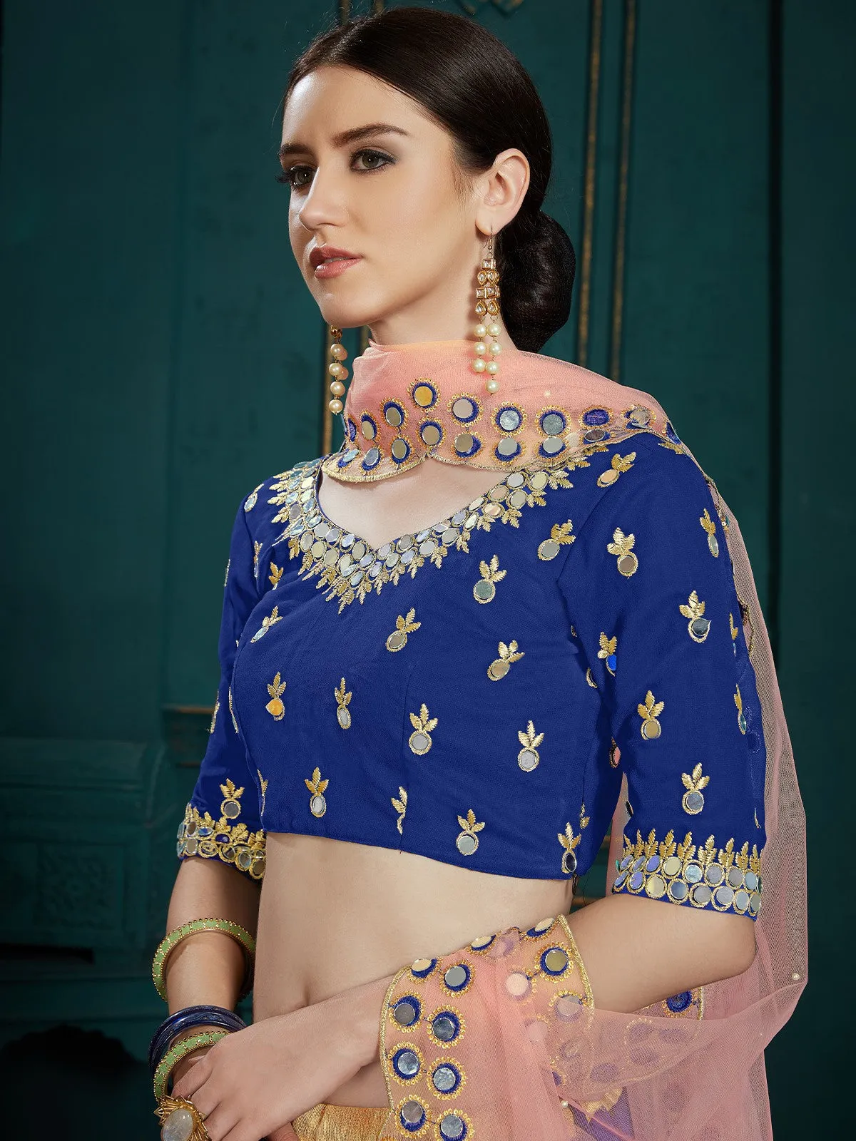 Designer Dark Blue Sequins Semi Stitched Lehenga With Unstitched Blouse