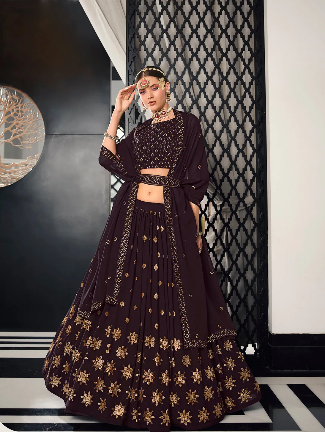 Designer Purple Color Sequence Thread Work Lehenga Choli With Belt