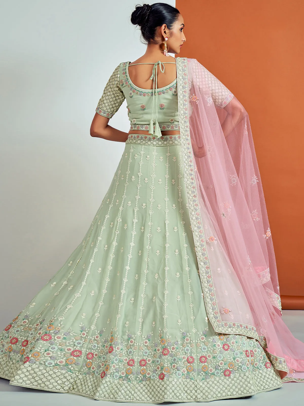 Designer Sea Green Georgette Semi Stitched Lehenga With Unstitched Blouse
