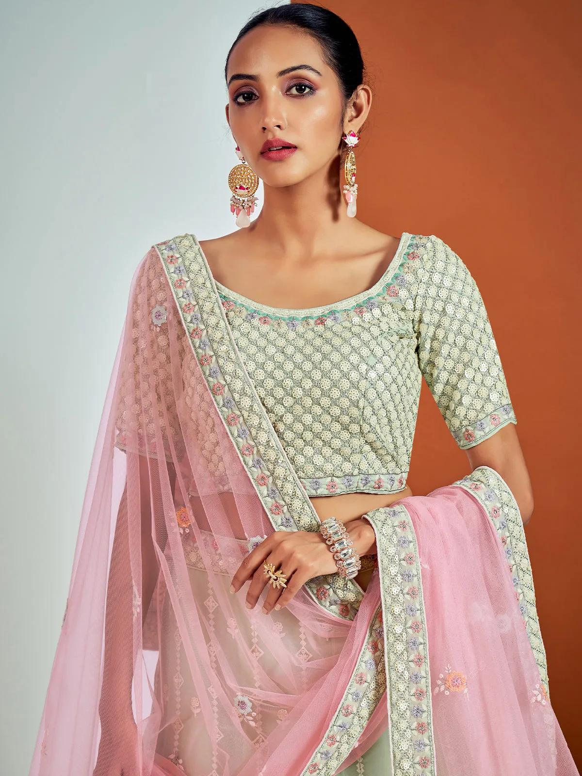 Designer Sea Green Georgette Semi Stitched Lehenga With Unstitched Blouse