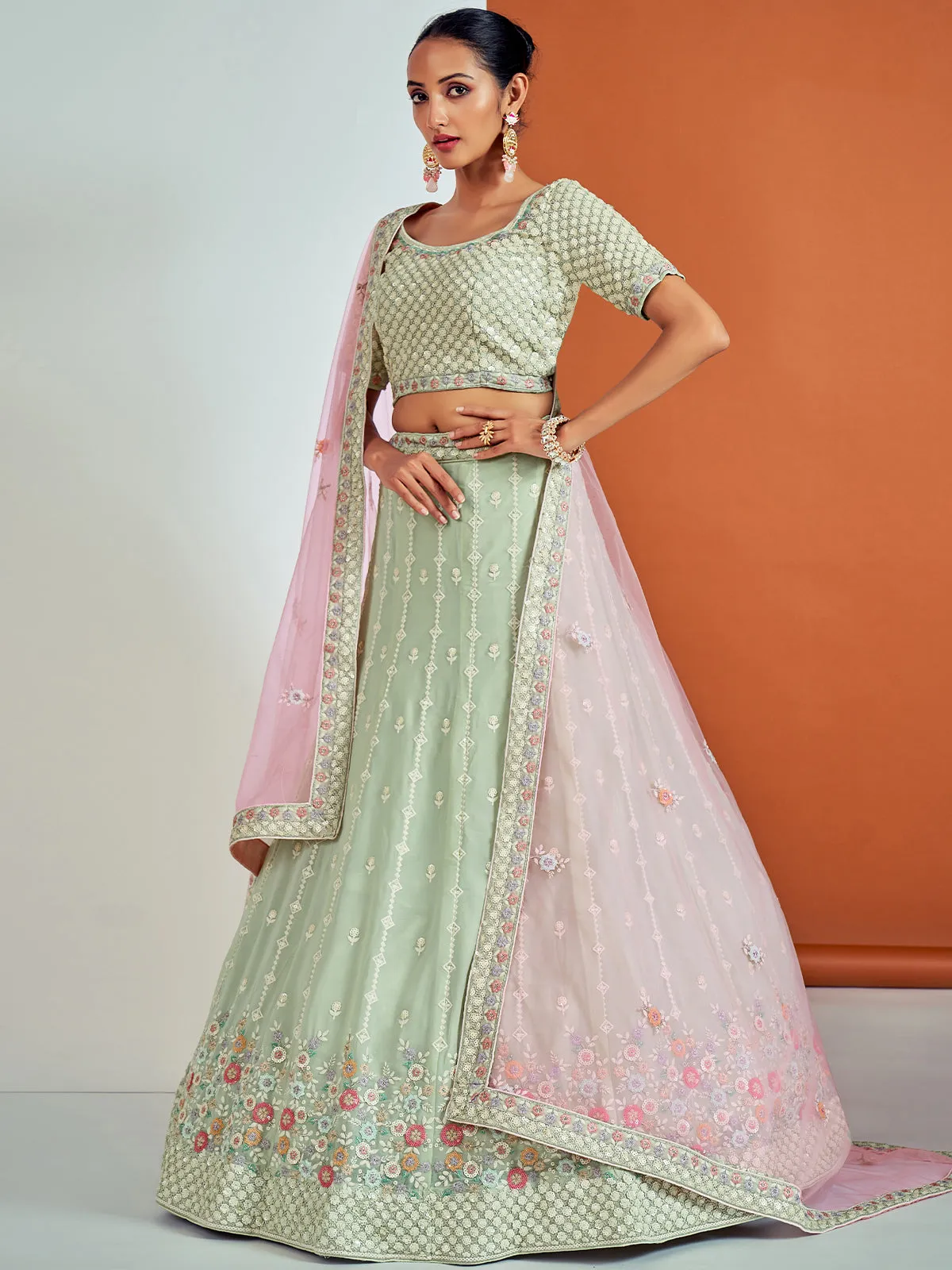 Designer Sea Green Georgette Semi Stitched Lehenga With Unstitched Blouse