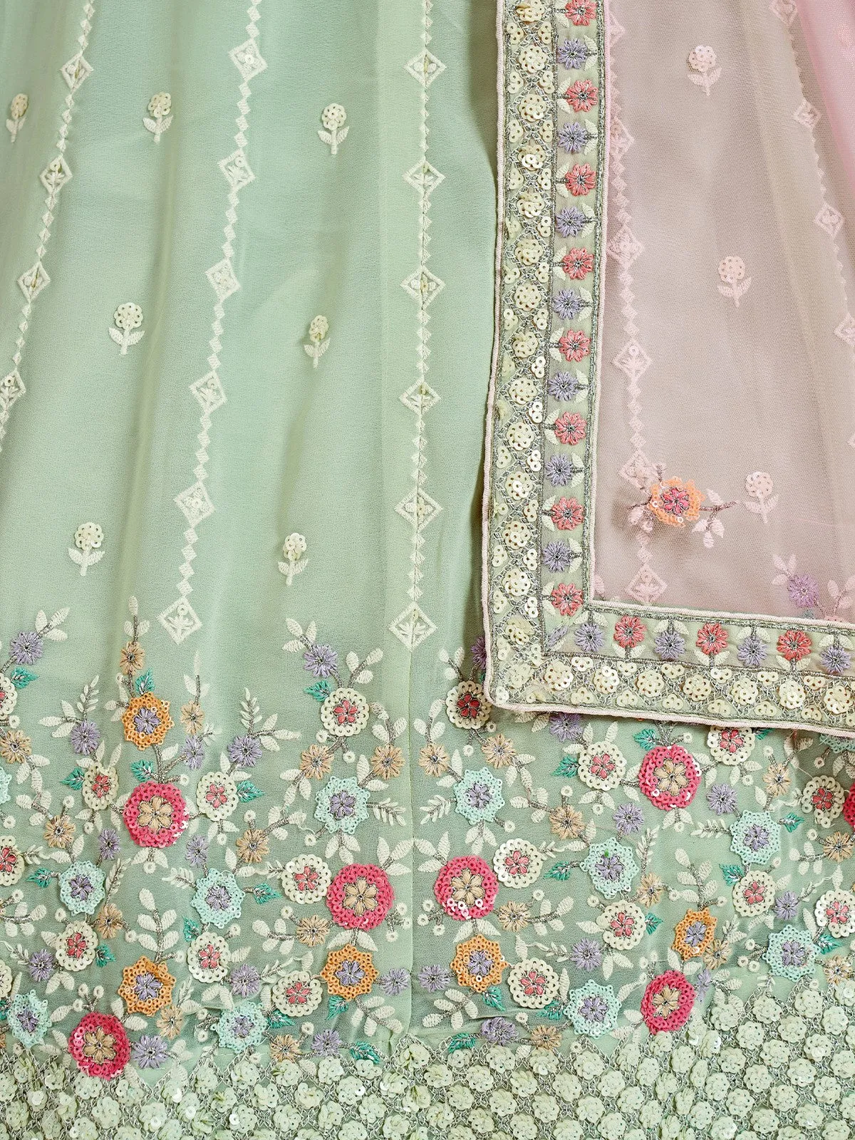 Designer Sea Green Georgette Semi Stitched Lehenga With Unstitched Blouse