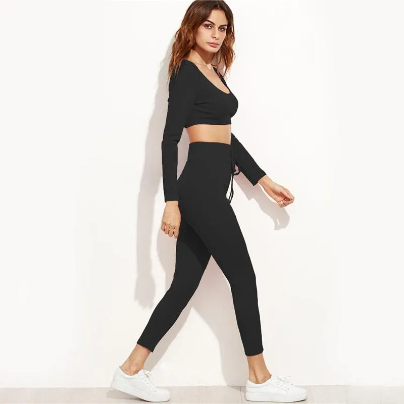 Drawstring Scoop Neck Long Sleeve Sweatpants