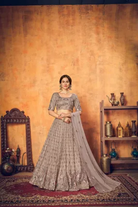 Dusty Brown Thread Embroidered Net Festival Lehenga Choli