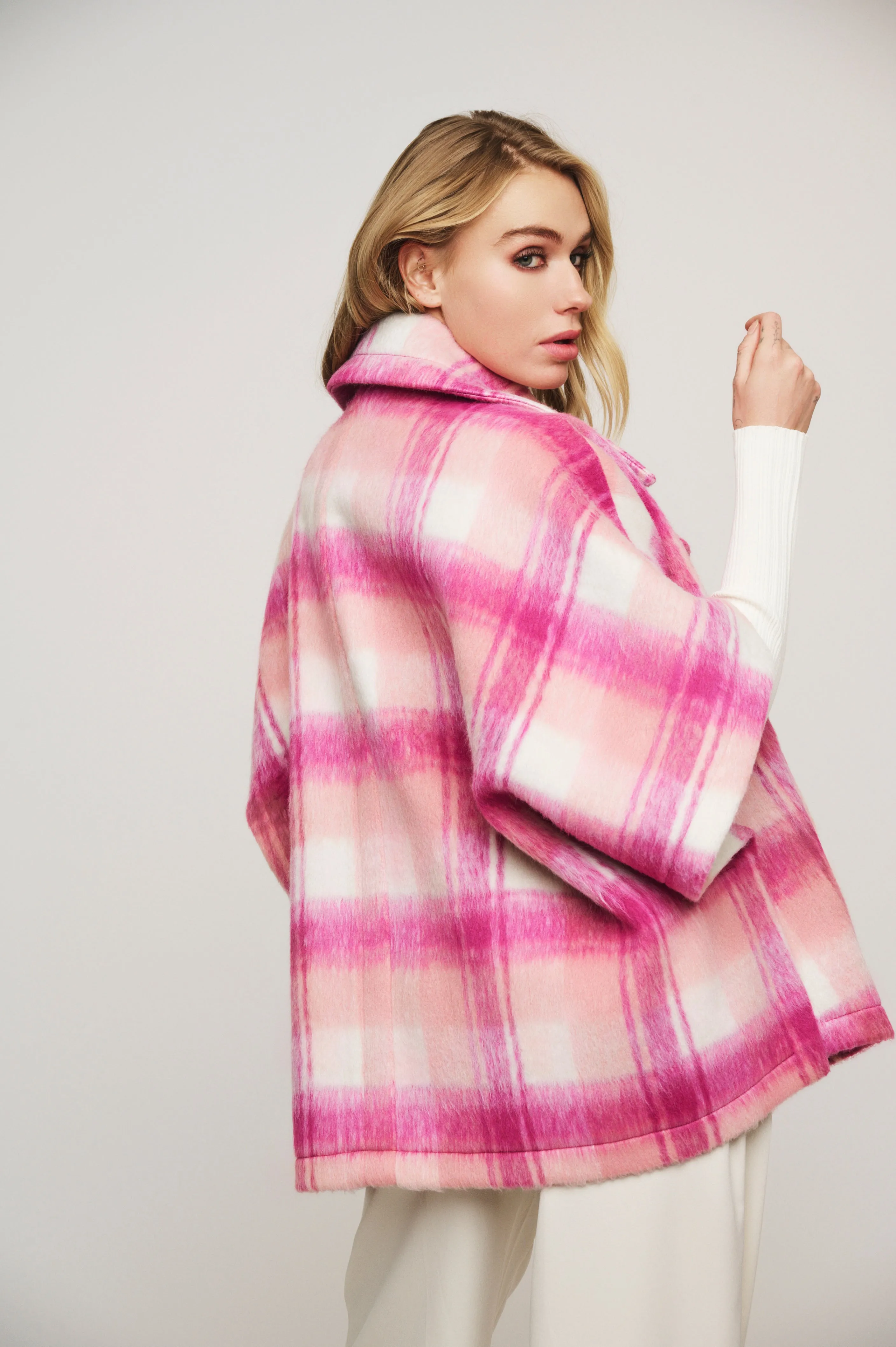 Eliana Double Breasted Cape - Magenta Check