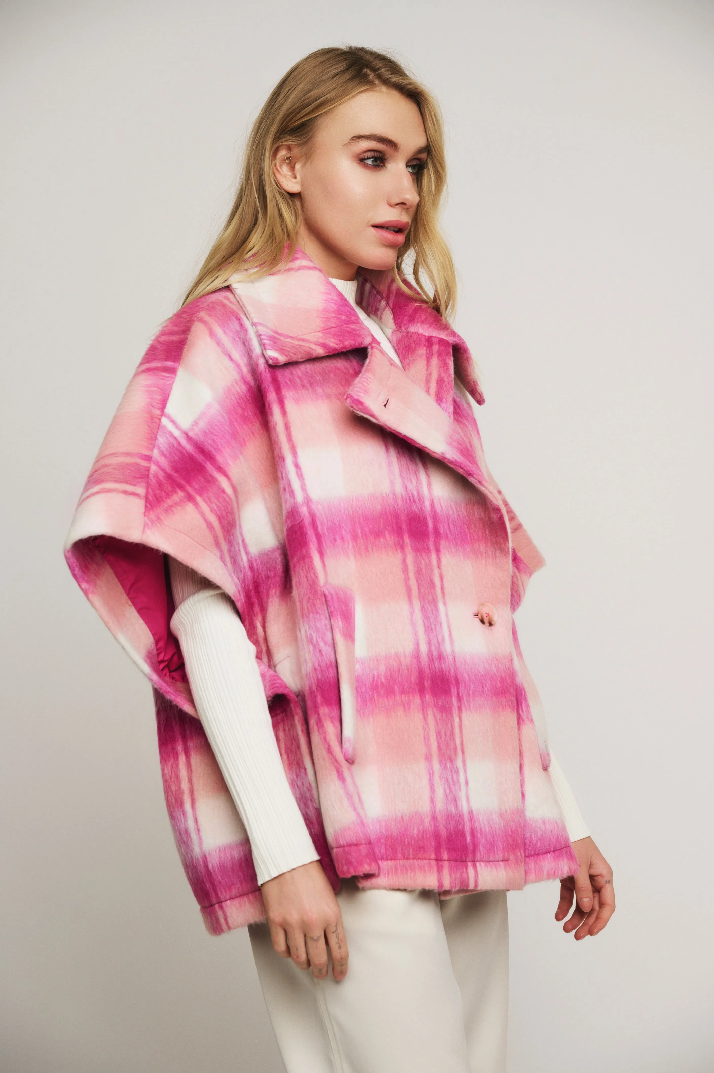 Eliana Double Breasted Cape - Magenta Check