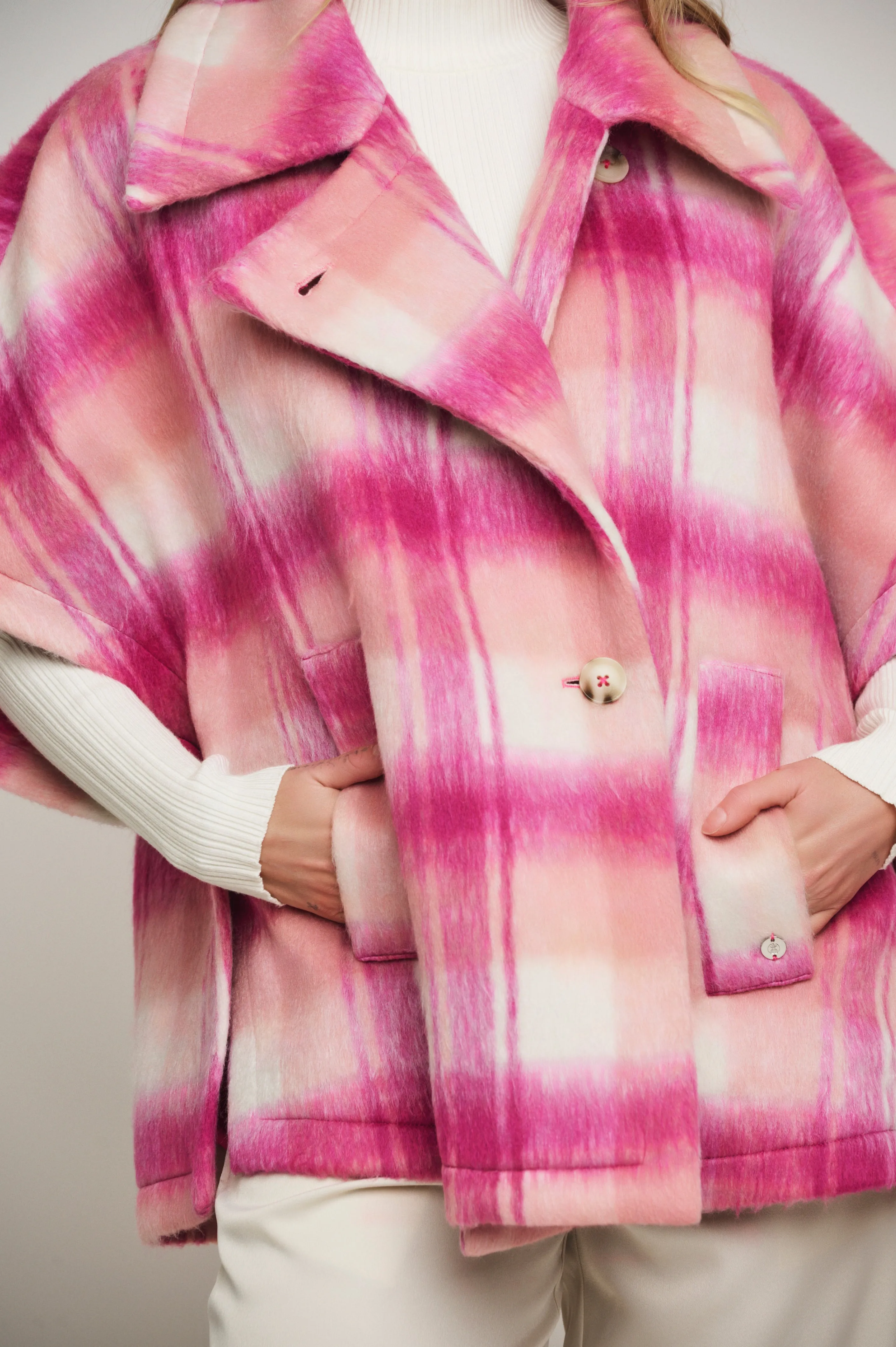 Eliana Double Breasted Cape - Magenta Check