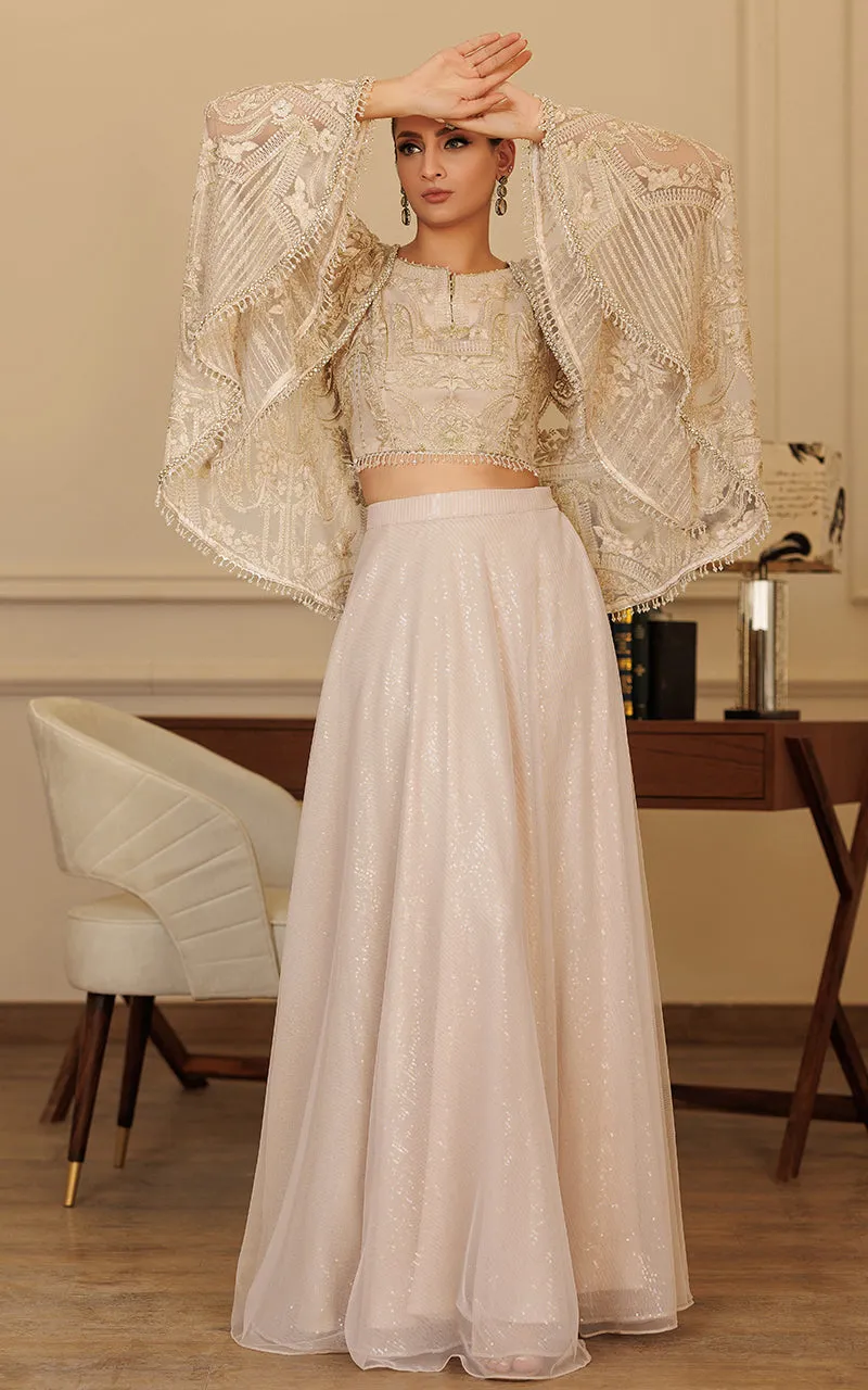 Embroidered Cape With Blouse And Skirt