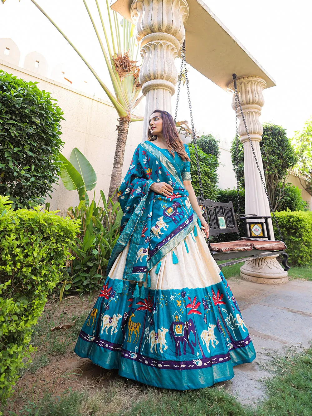 Firozi Color Printed With Foil Work Dola Silk Lehenga Choli