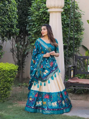 Firozi Color Printed With Foil Work Dola Silk Lehenga Choli