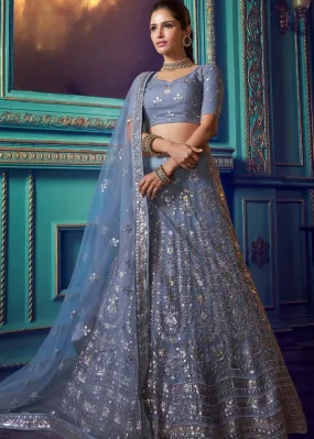 Flint Grey Designer Soft Net Lehenga Choli with Sequin work and Thread work