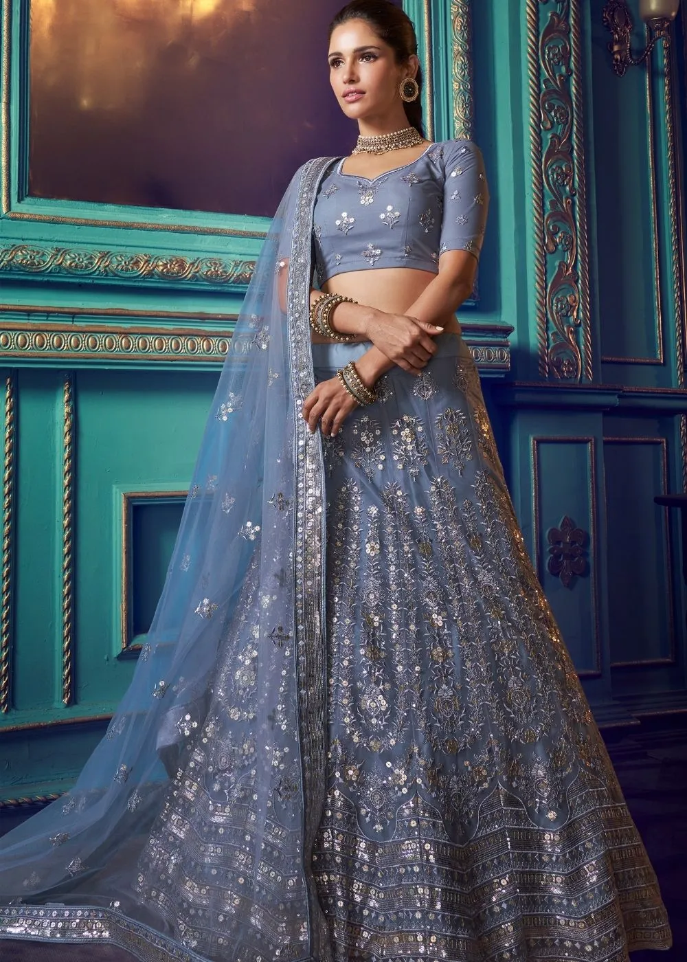Flint Grey Designer Soft Net Lehenga Choli with Sequin work and Thread work