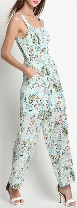Floral-Printed Blue Silk Jumpsuit