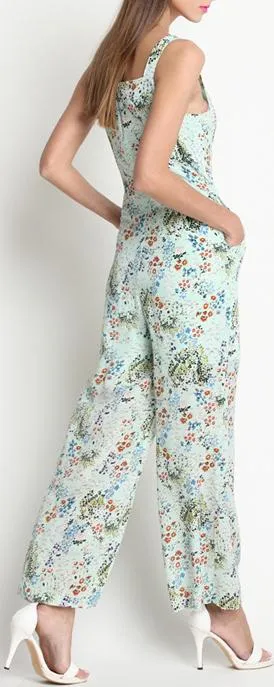 Floral-Printed Blue Silk Jumpsuit