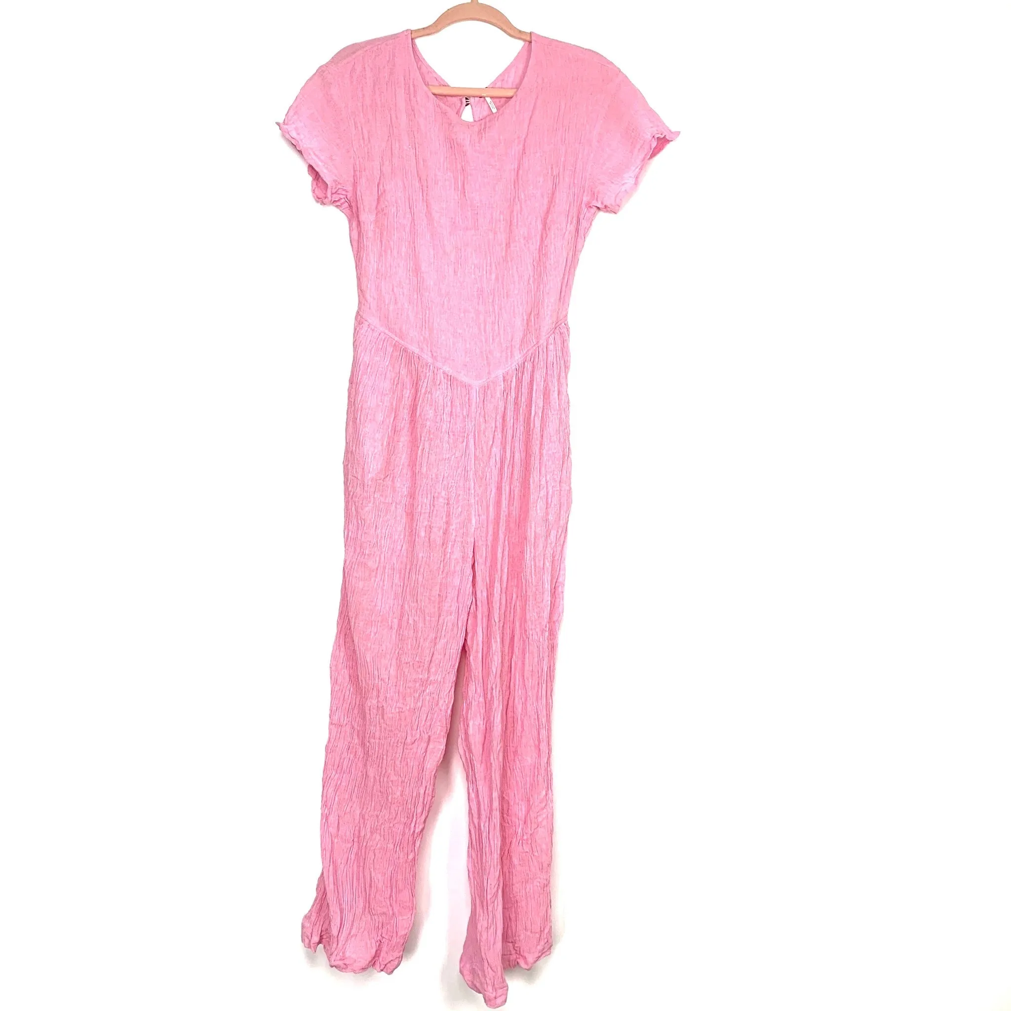 Free People Pink Open Back Key Hole Closure Wide Leg Jumpsuit- Size L (sold out online)