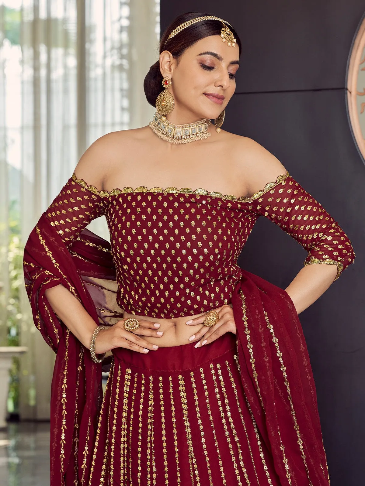 Georgette Maroon Semi Stitched Lehenga With Unstitched Blouse