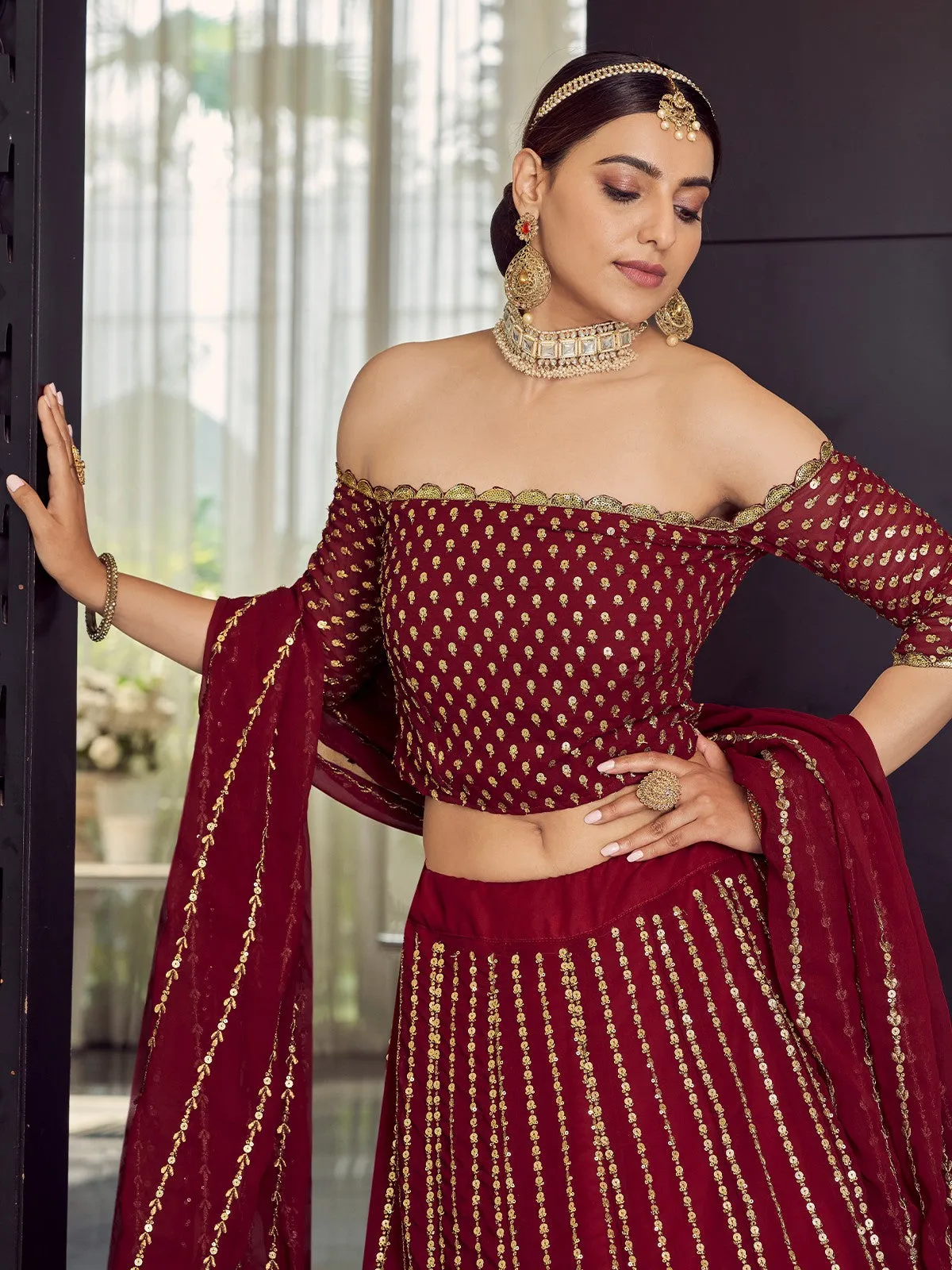 Georgette Maroon Semi Stitched Lehenga With Unstitched Blouse