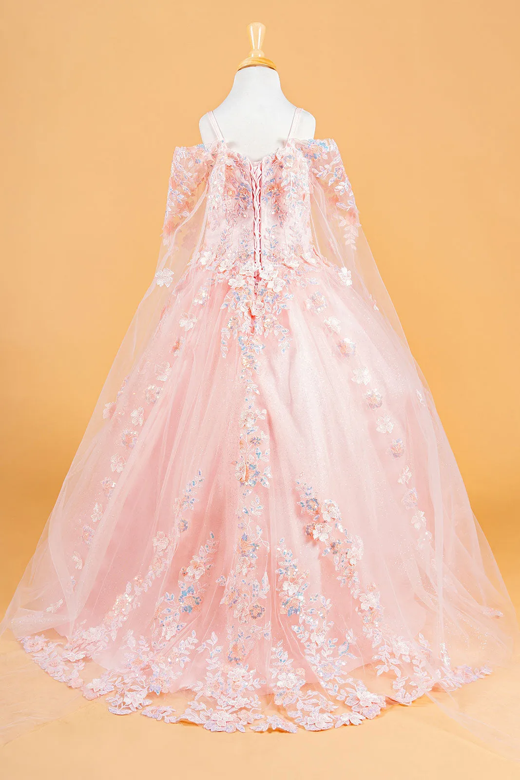 Girls 3D Floral Cape Sleeve Gown by Elizabeth K GK118