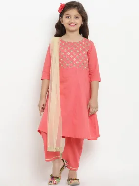 Girls Peach-Coloured Embroidered Kurta With Trousers & Dupatta