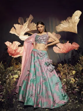 Glimmering Sky Pink Color Shibori Print Mirror Work Lehenga Choli