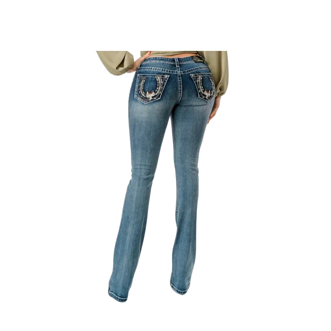 Grace in La Women's Western Horseshoe Saddle Embroidered Bootcut Stretch Jeans