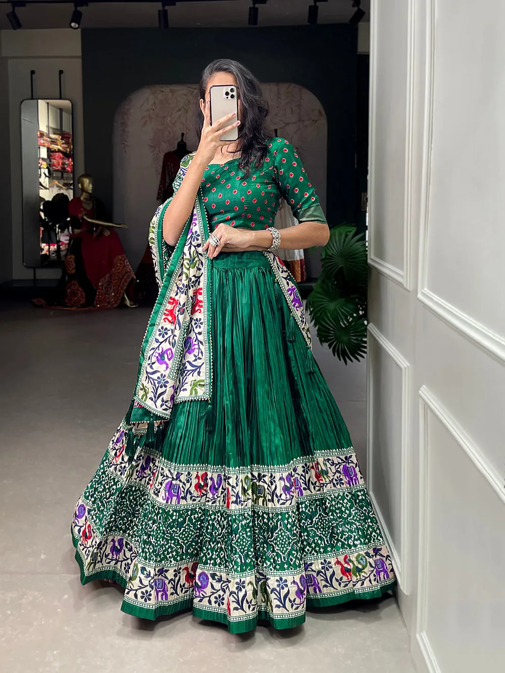 Green Color Bandhej Print With Patola Print Crushed Dola Silk Lehenga Choli