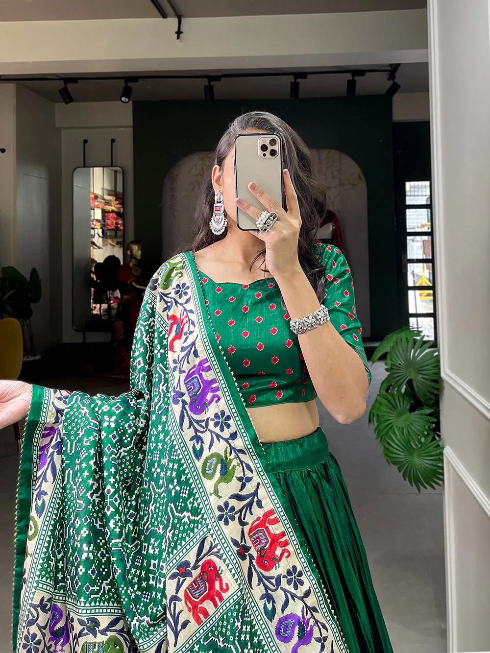 Green Color Bandhej Print With Patola Print Crushed Dola Silk Lehenga Choli