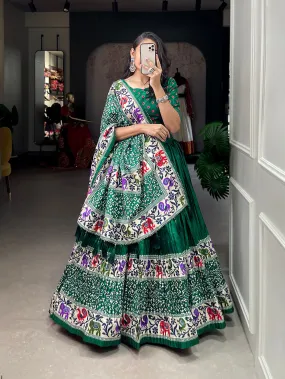 Green Color Bandhej Print With Patola Print Crushed Dola Silk Lehenga Choli