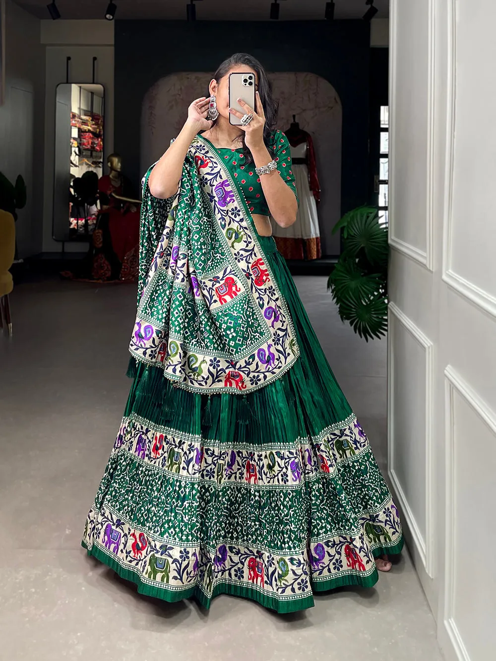 Green Color Bandhej Print With Patola Print Crushed Dola Silk Lehenga Choli
