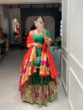 Green Color Weaving Zari Work jacquard Paithani Silk Lehenga Choli