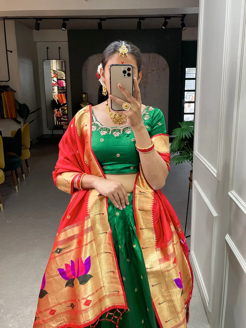 Green Color Weaving Zari Work jacquard Paithani Silk Lehenga Choli