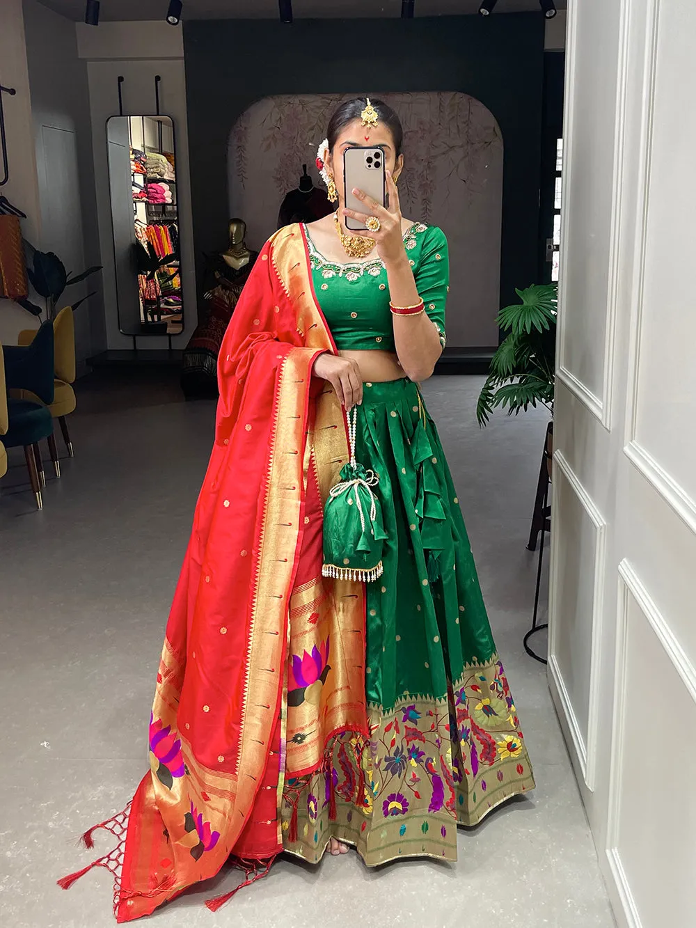 Green Color Weaving Zari Work jacquard Paithani Silk Lehenga Choli