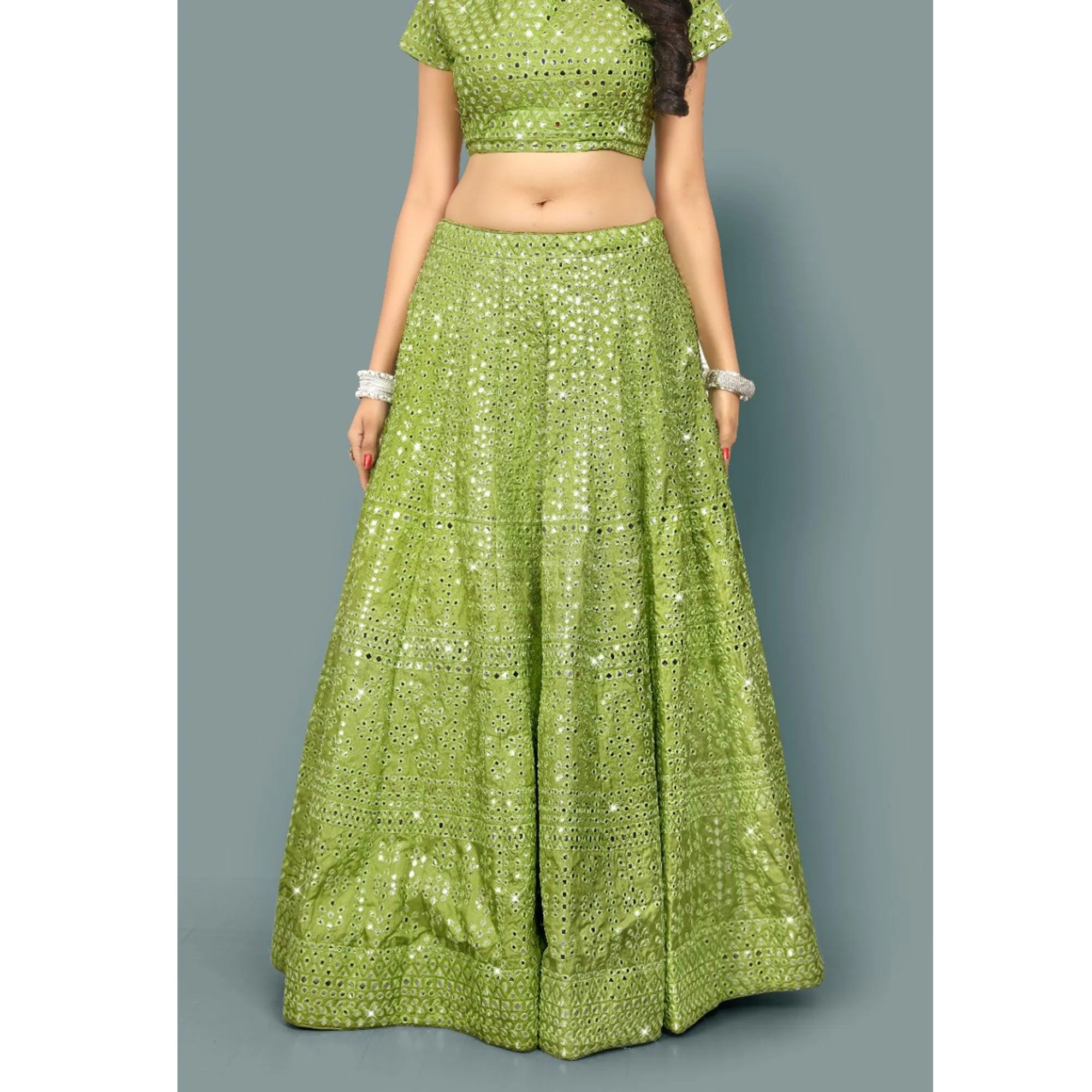 Green Partywear Thread With Mirror Embroidery Chiffon Lehenga Choli