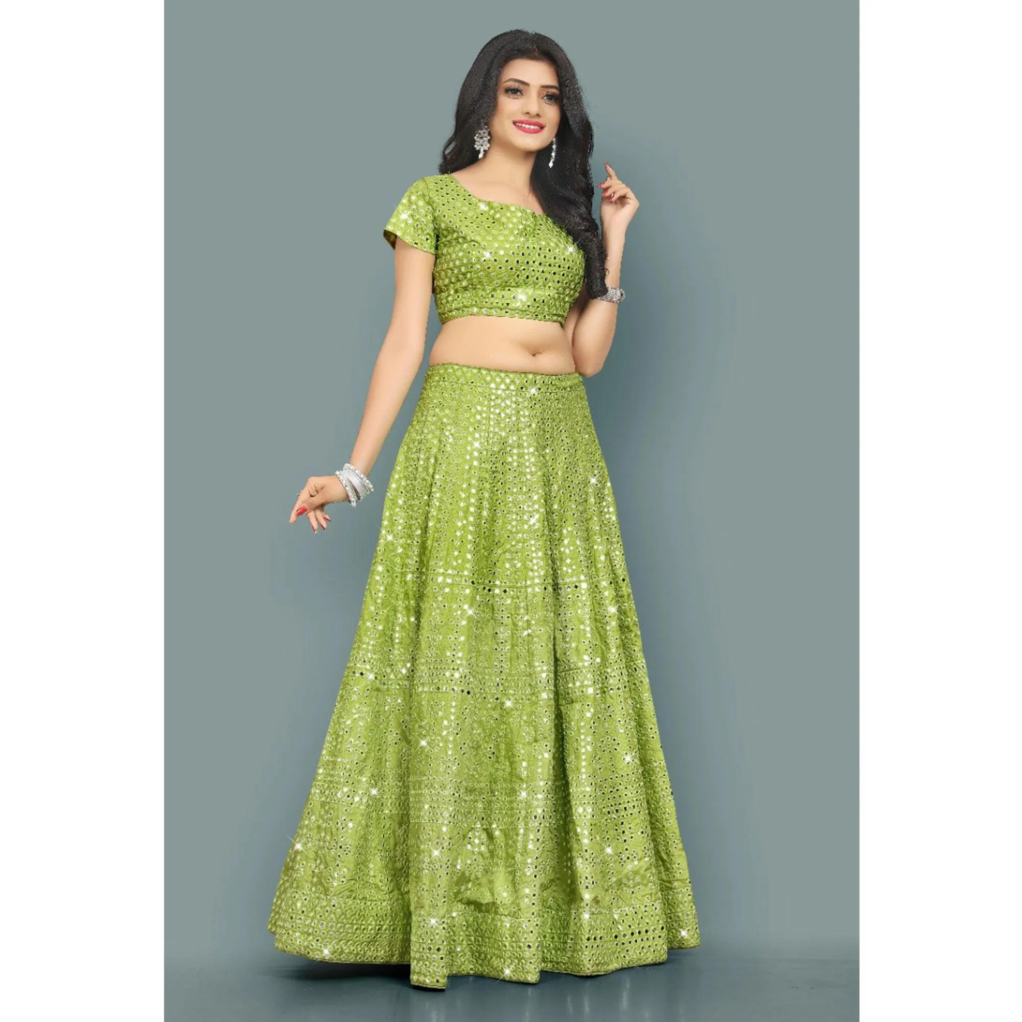 Green Partywear Thread With Mirror Embroidery Chiffon Lehenga Choli