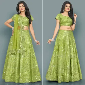 Green Partywear Thread With Mirror Embroidery Chiffon Lehenga Choli