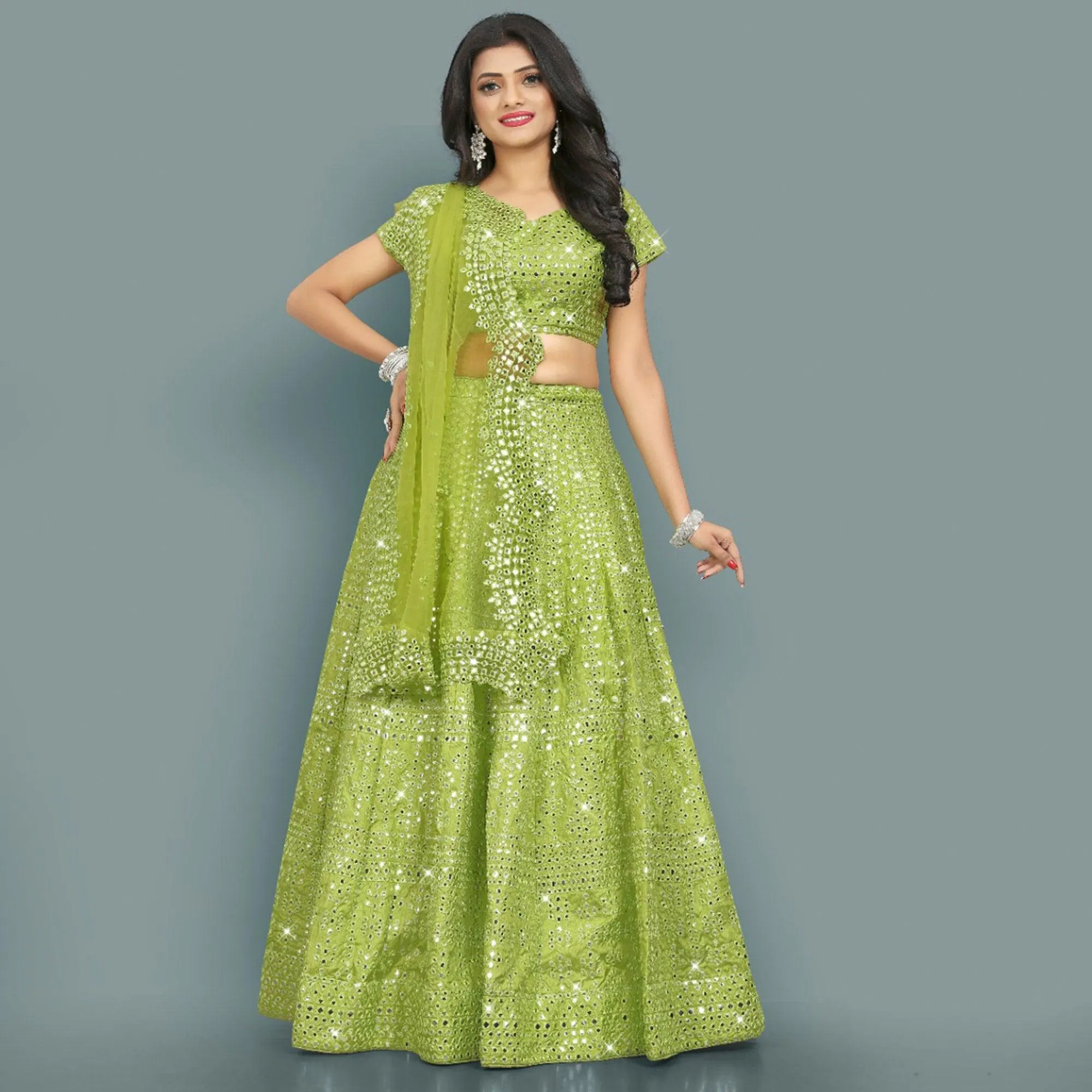 Green Partywear Thread With Mirror Embroidery Chiffon Lehenga Choli