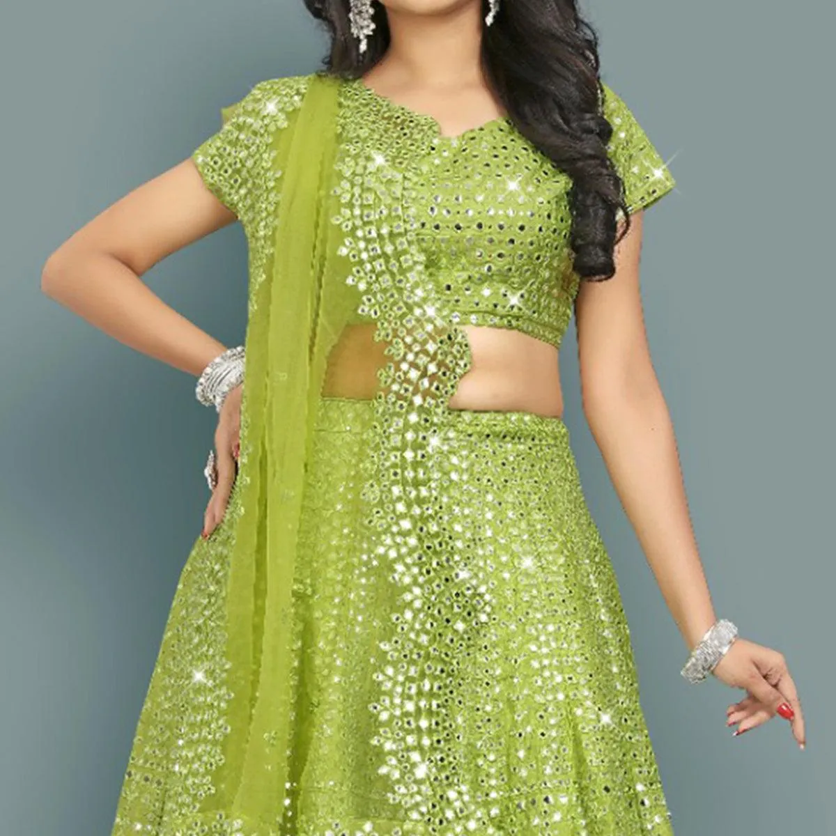 Green Partywear Thread With Mirror Embroidery Chiffon Lehenga Choli