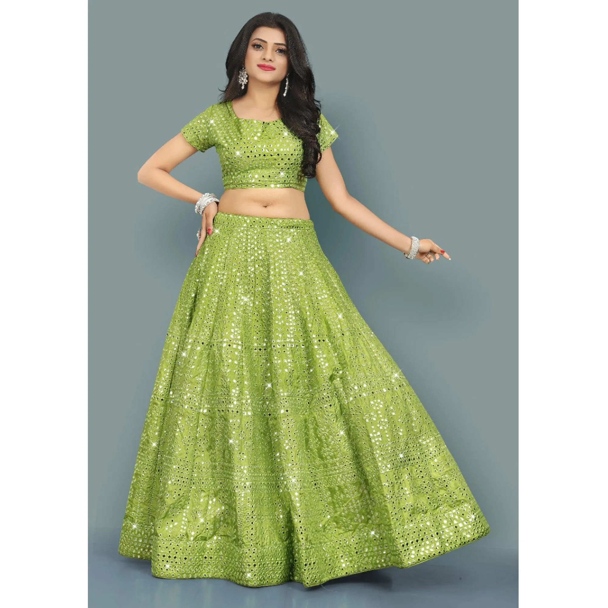 Green Partywear Thread With Mirror Embroidery Chiffon Lehenga Choli
