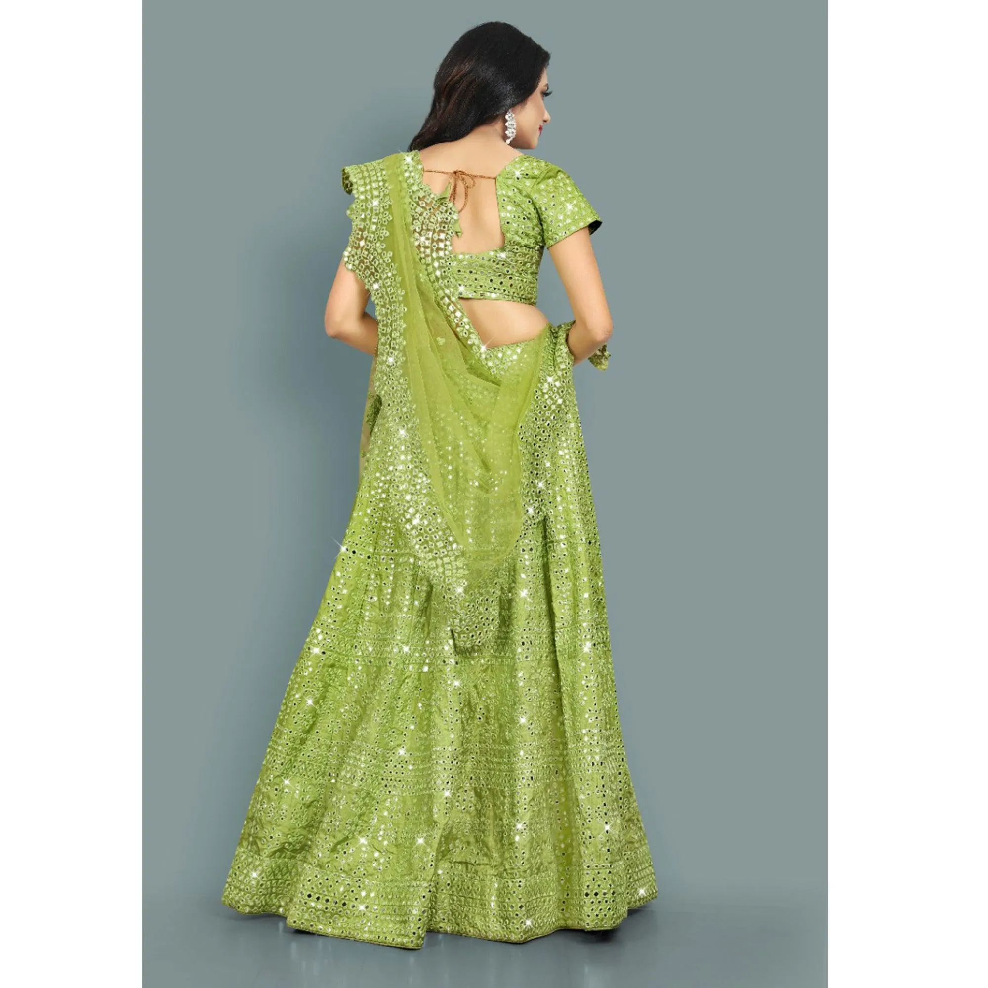 Green Partywear Thread With Mirror Embroidery Chiffon Lehenga Choli