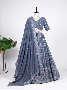 Grey Color Lucknowi Sequins And Paper Mirror Work Georgette Lehenga Choli