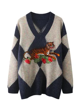 Harajuku Vintage Streetwear Sweaters Women Pullover Pattern Knitted Jumpers Autumn Couple Casual Loose Top C-052