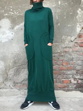 High Collar Stitching Pocket Solid Color Casual Dress