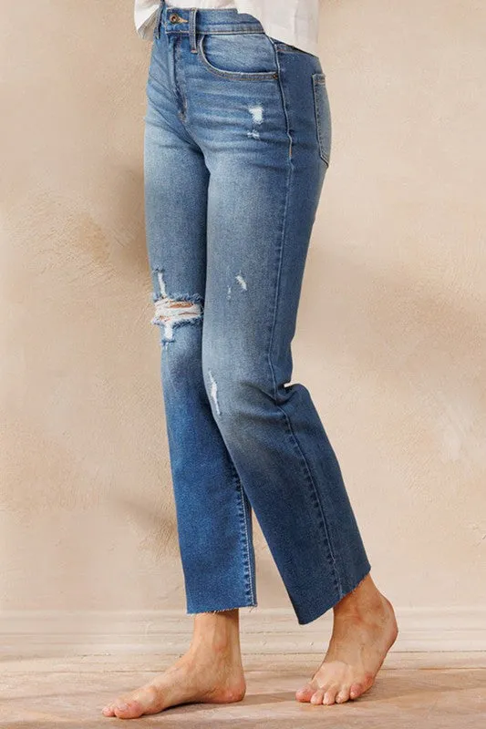 High Rise Straight Leg With Distress And Raw Hem